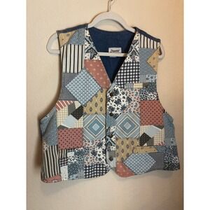 Dreams Vintage 90s Patchwork Denim Vest Womens Medium Blue Floral Cotton Boho